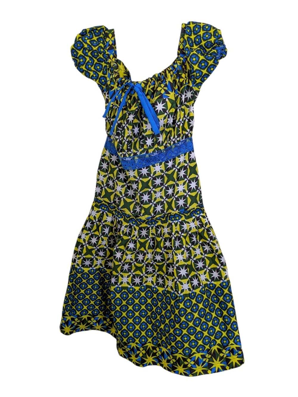 Handmade Dress Peasant Puff Sleeve Geometric Star Print Embroidery Belted Cotton